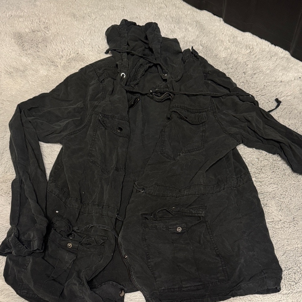Women's Black Hooded Utility Jacket - Casual Lightweight Anorak
